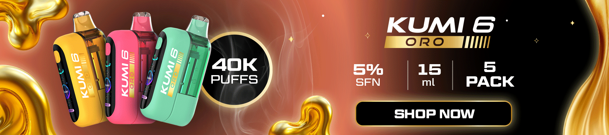 KUMI 6 ORO – DISPOSABLE VAPE – NICOTINE ANALOGUES – 40K PUFFS – 15ML – 5CT [MSRP: $25 EACH]