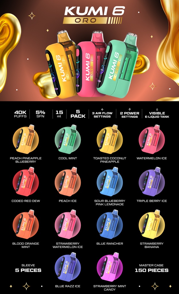 KUMI 6 ORO – DISPOSABLE VAPE – NICOTINE ANALOGUES – 40K PUFFS – 15ML – 5CT [MSRP: $25 EACH]