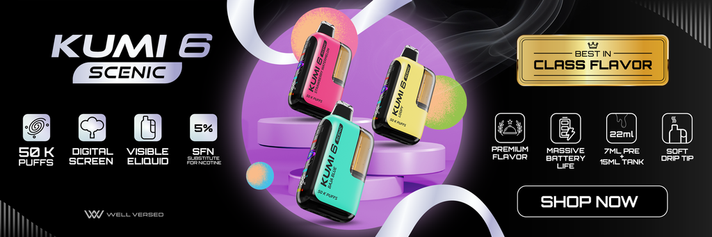 KUMI 6 – SCENIC – DISPOSABLE VAPE – NICOTINE ANALOGUES – 50K PUFFS – 22ML – VARIOUS FLAVORS – 5CT [MSRP: $28]