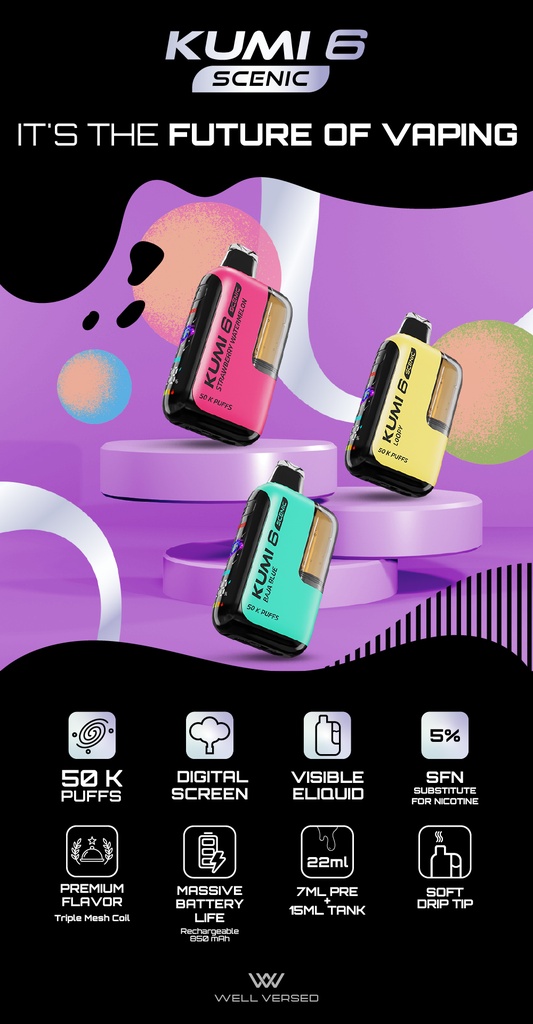 KUMI 6 – SCENIC – DISPOSABLE VAPE – NICOTINE ANALOGUES – 50K PUFFS – 22ML – VARIOUS FLAVORS – 5CT [MSRP: $28]