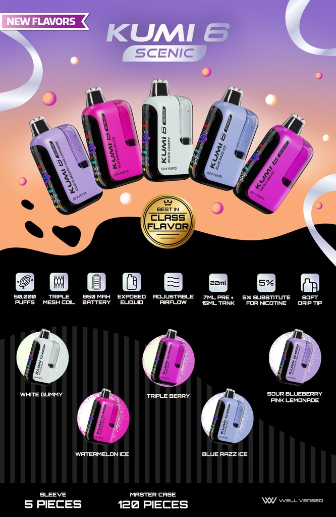 KUMI 6 – SCENIC – DISPOSABLE VAPE – NICOTINE ANALOGUES – 50K PUFFS – 22ML – VARIOUS FLAVORS – 5CT [MSRP: $28]