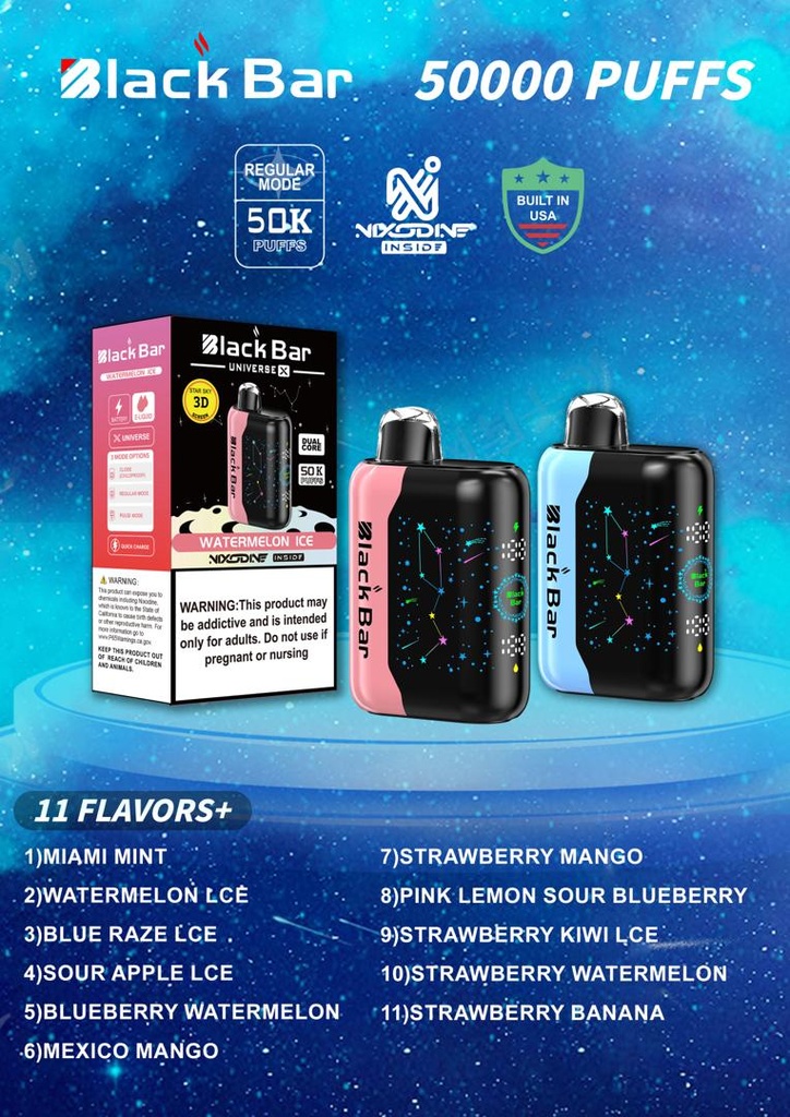 BLACK BAR – UNIVERSE X – NICOTINE ANALOGUE – 50K PUFFS – 18ML – VARIOUS FLAVORS – 5CT – [MSRP: $20 EACH]