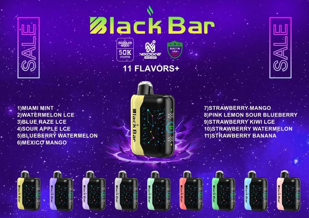 BLACK BAR – UNIVERSE X – NICOTINE ANALOGUE – 50K PUFFS – 18ML – VARIOUS FLAVORS – 5CT – [MSRP: $20 EACH]