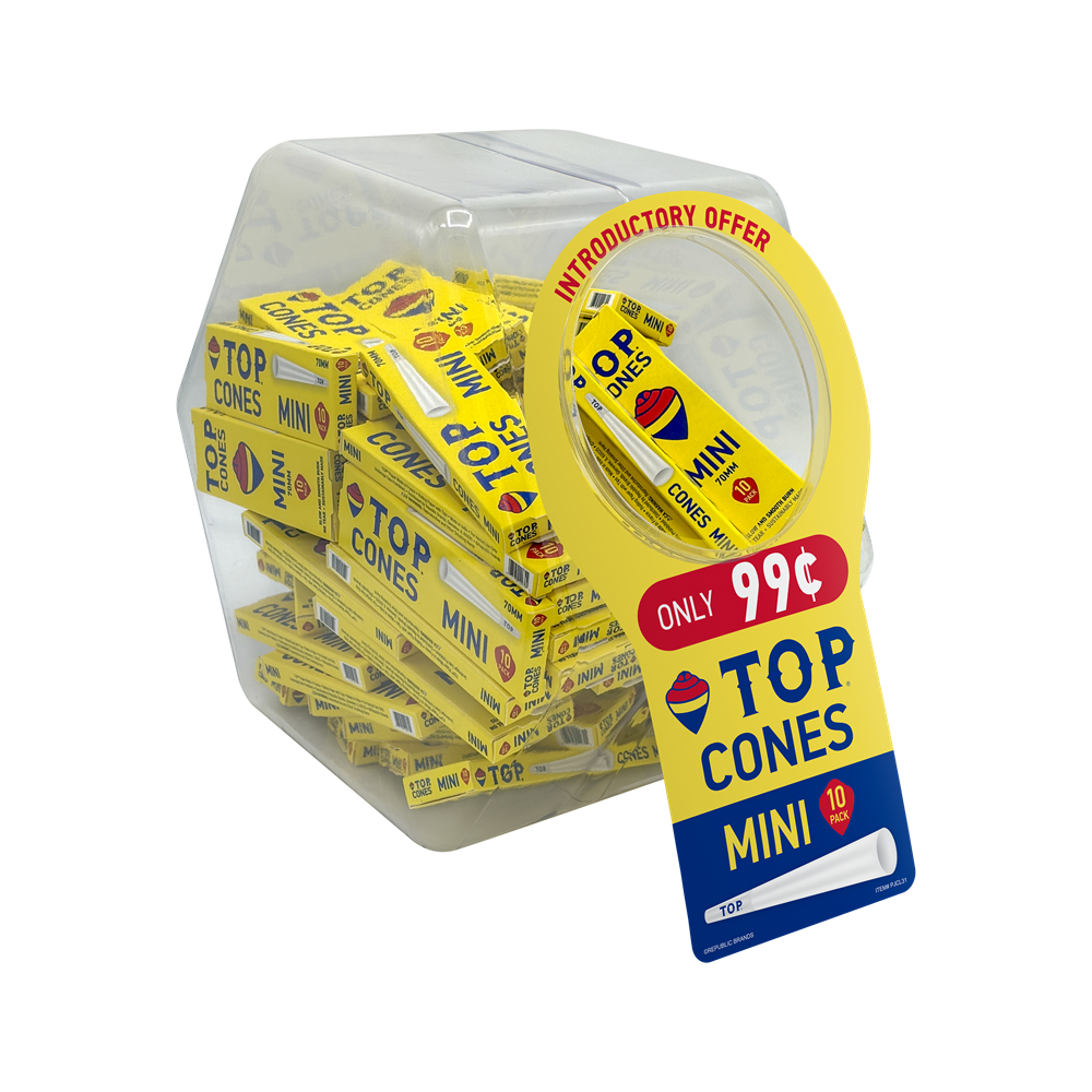 TOP – PRE-ROLLED CONES – PRE-PRICED .99¢ – MINI & 1 1/4 – 72CT BOWL/TUB – [MSRP: $0.99]