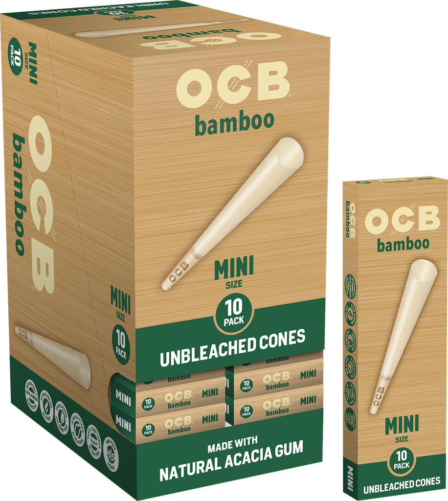 OCB – PRE-ROLLED CONES – BAMBOO – MINI (10CT) & 1 1/4 (6CT) – 24CT GRAVITY DISPLAY – [MSRP: $3]
