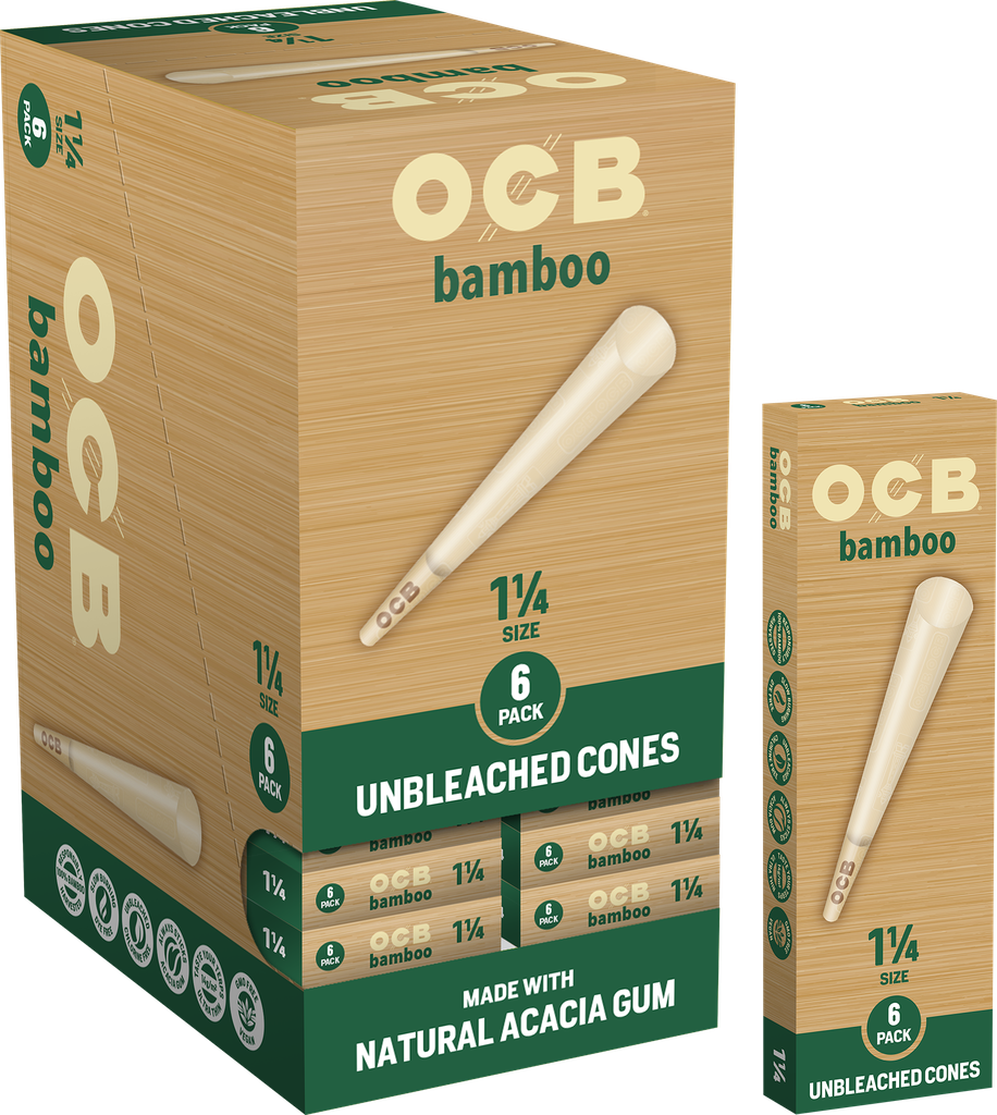 OCB – PRE-ROLLED CONES – BAMBOO – MINI (10CT) & 1 1/4 (6CT) – 24CT GRAVITY DISPLAY – [MSRP: $3]