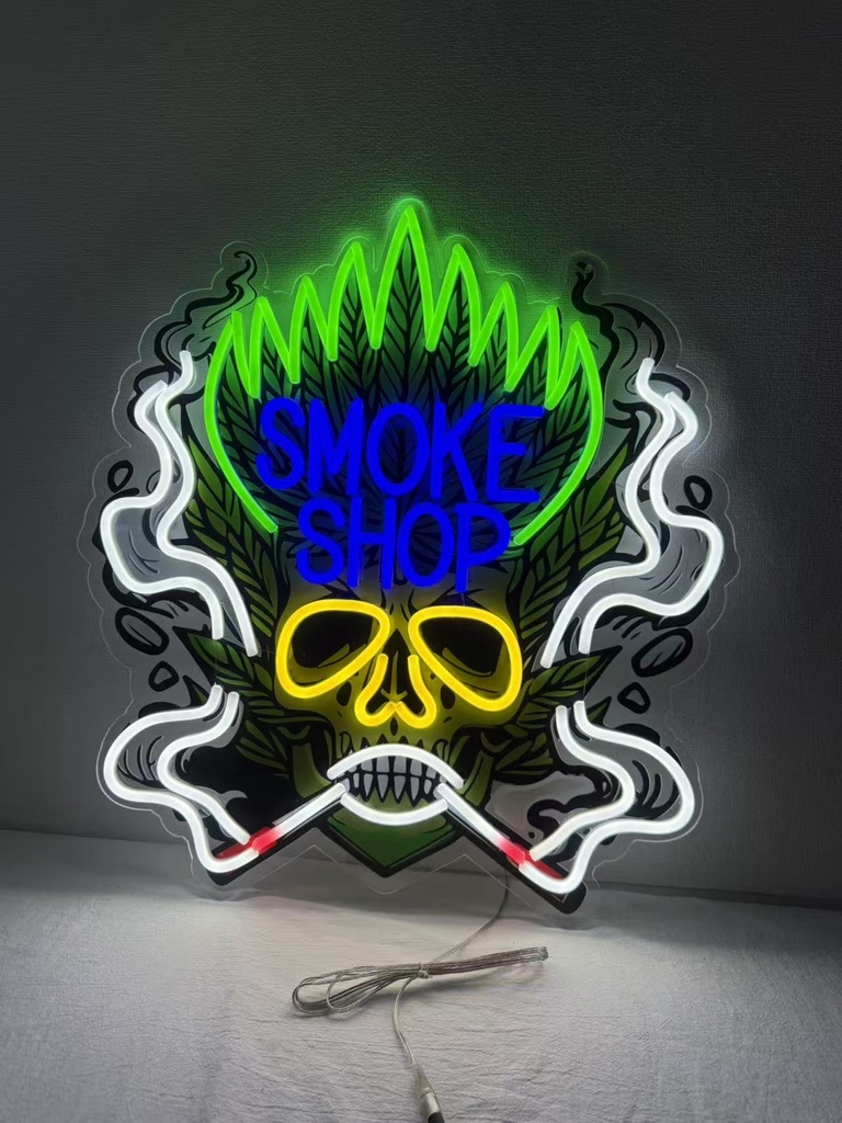 LED SIGN – "SMOKE SHOP" – SMOKING SKULL & POT LEAVES – GLOW EFFECT – 24X24 – 1CT/DZ – SMKSPSKUL - [MSRP: $STORE USE]