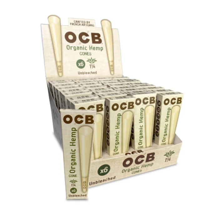OCB – PRE-ROLLED CONES – ORGANIC HEMP – 1 1/4 – 6PK – 32CT DSPL – [MSRP: $10-$12 EACH]