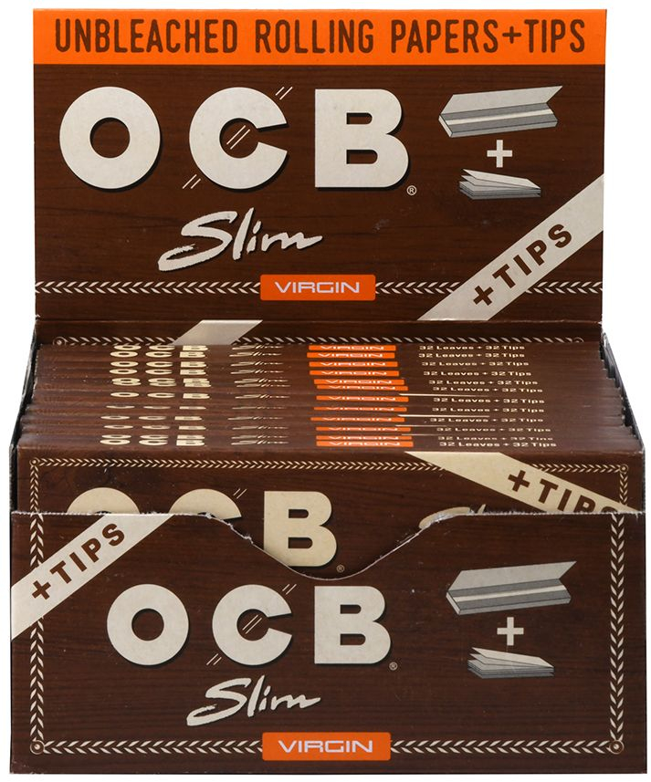 OCB – ROLLING PAPERS – VIRGIN UNBLEACHED WITH TIPS – SLIM – 24CT DSPL – [MSRP: $4.50 EACH]