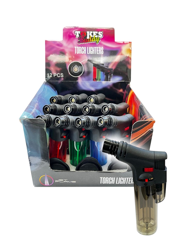 TECHNO – TORCH LIGHTERS – 90 DEGREE TRANSPARENT – SINGLE FLAME – 12CT DISPLAY – A210 – [MSRP: $5.50 EACH]