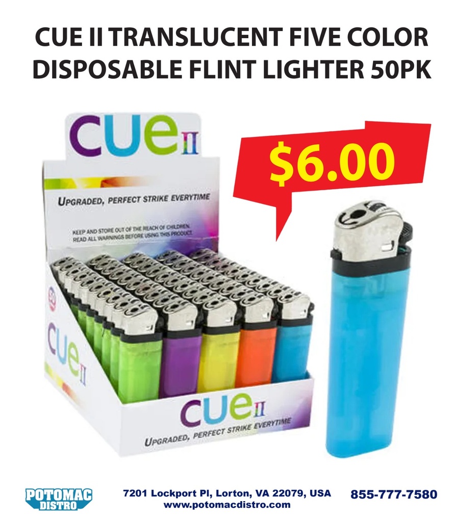 CUE II – LIGHTERS – DISPOSABLE FLINT – TRANSLUCENT ASSORTED COLORS – 50CT DISPLAY TRAY – ZY-2C-CUE-50PK – [MSRP: $0.50 EACH]