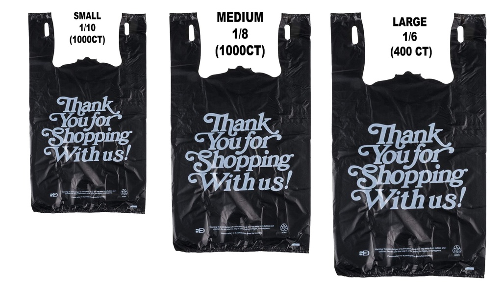 BLACK PLASTIC T-SHIRT BAGS – LARGE 1/6 / MEDIUM 1/8 / SMALL 1/10 – STORE SUPPLY – 1CT – BLACK PLASTIC T-SHIRT BAGS – [MSRP: $STORE USE]