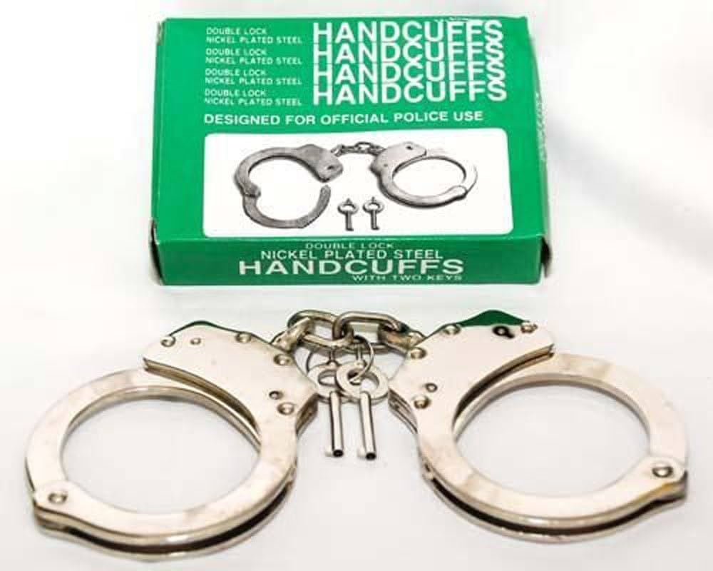 DOUBLE LOCK NICKEL PLATED HANDCUFFS – CHAIN – KNIVES & SELF DEFENSE – 1CT – DOUBLE - 105621 – [MSRP: $31.50]