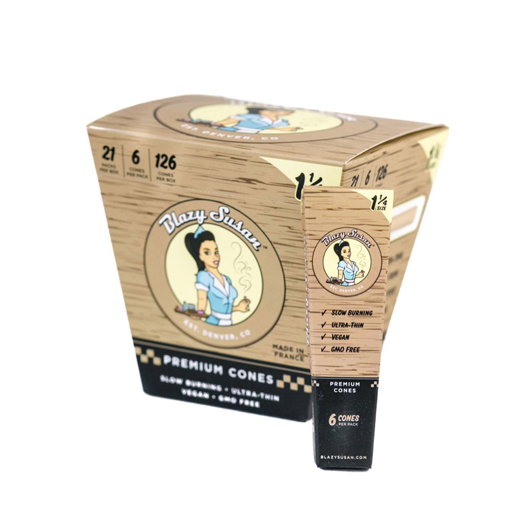 BLAZY SUSAN – UNBLEACHED CONES – PRE-ROLLED CONES – VARIOUS SIZES – 1-1/4 AND KING SIZE – 3CT-6CT PACKS – 21CT DSPLY – [MSRP: $3.50-4.50 EACH]