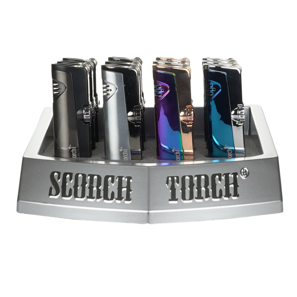 SCORCH – TORCH LIGHTERS – DOUBLE FLAME REFILLABLE WITH CIGAR PUNCH – 12CT DISPLAY – 61636 - 110421 – [MSRP: $19 EACH]
