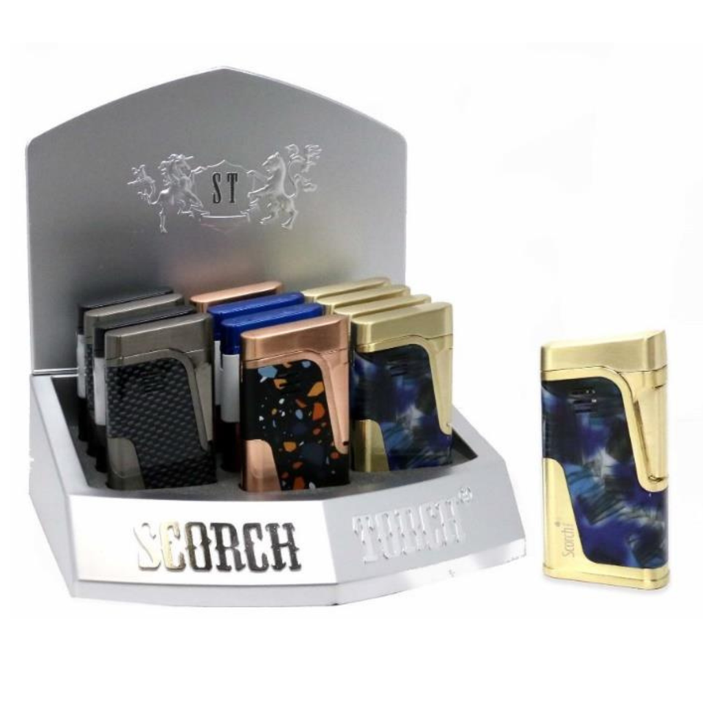 SCORCH – TORCH LIGHTERS – SMOOTH PRESS SLANTED TWIN JET FLAME – 12CT DISPLAY – 61791-SCORCH - 110477 – [MSRP: $21 EACH]