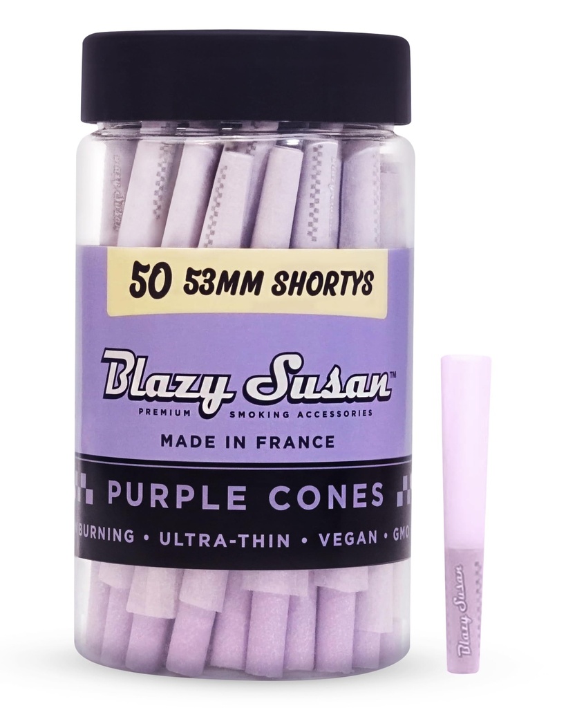 BLAZY SUSAN – PRE-ROLLED CONES – PURPLE – 53MM – 50CT JAR – [MSRP: $1 EACH]
