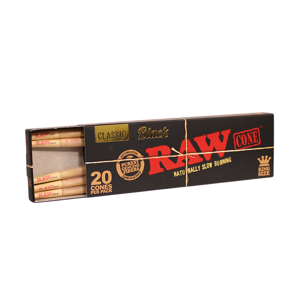 RAW – PRE-ROLLED CONES – BLACK – KING SIZE – 20CT DSPL – [MSRP: $6.50 EACH]
