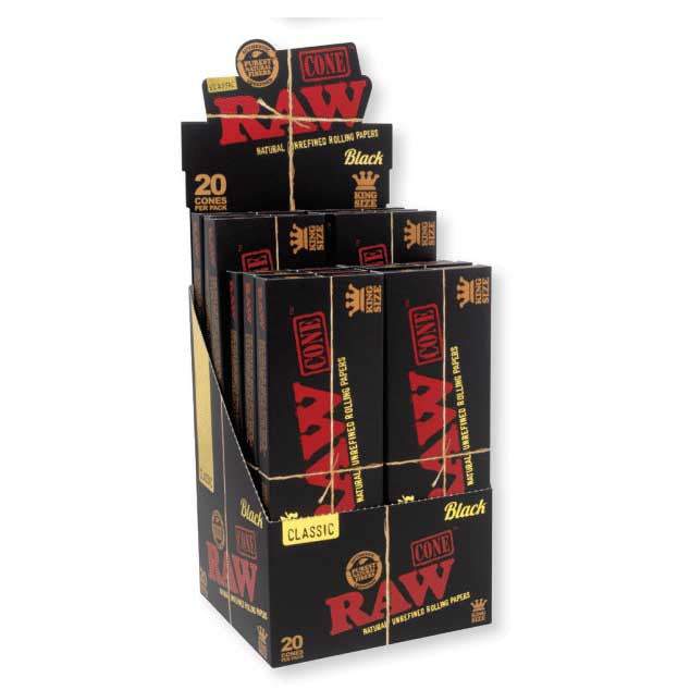 RAW – PRE-ROLLED CONES – BLACK – KING SIZE – 20CT DSPL – [MSRP: $6.50 EACH]