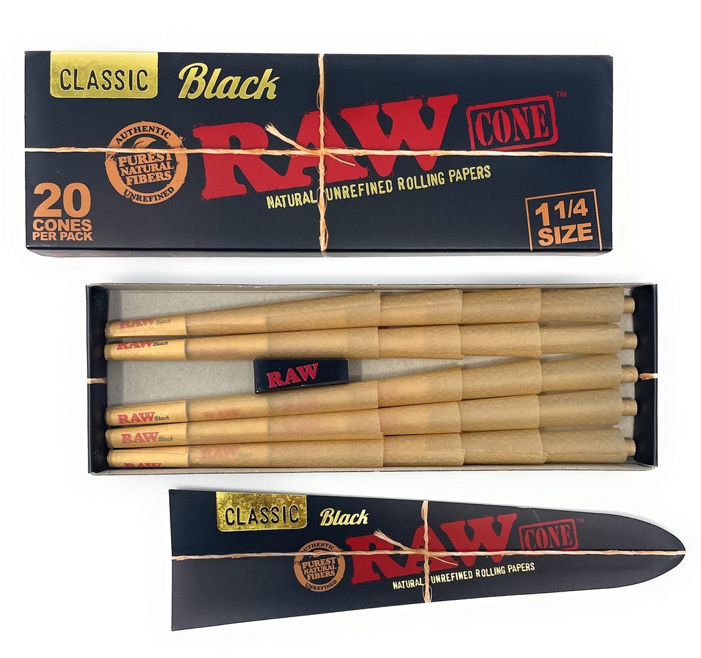 RAW – PRE-ROLLED CONES – BLACK – 1 1/4 – 20CT DSPL – [MSRP: $6 EACH]