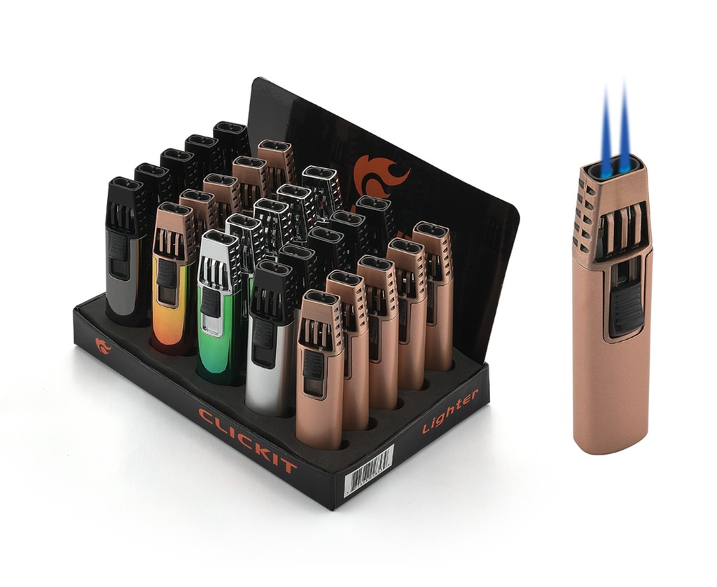 CLICKIT – TORCH LIGHTERS – DOUBLE JET FLAME ASSORTED COLORS – 25CT DISPLAY – GH-0260 - 112435 – [MSRP: $8 EACH]
