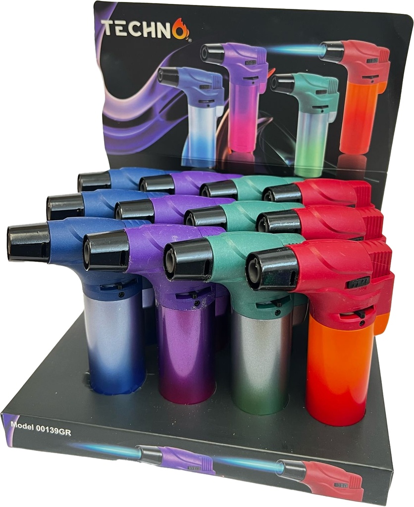TECHNO – TORCH LIGHTERS – COLOR SLANT GRADIENT JET FLAME – 25CT DISPLAY – 139-GR - 112456 – [MSRP: $2 EACH]