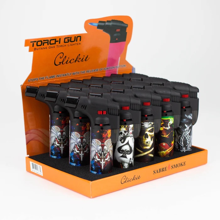 CLICKIT – TORCH LIGHTERS – ASSORTED SKULL DESIGNS – SINGLE JET FLAME – 15CT DISPLAY – GH-10877E - 112458 – [MSRP: $4.50 EACH]