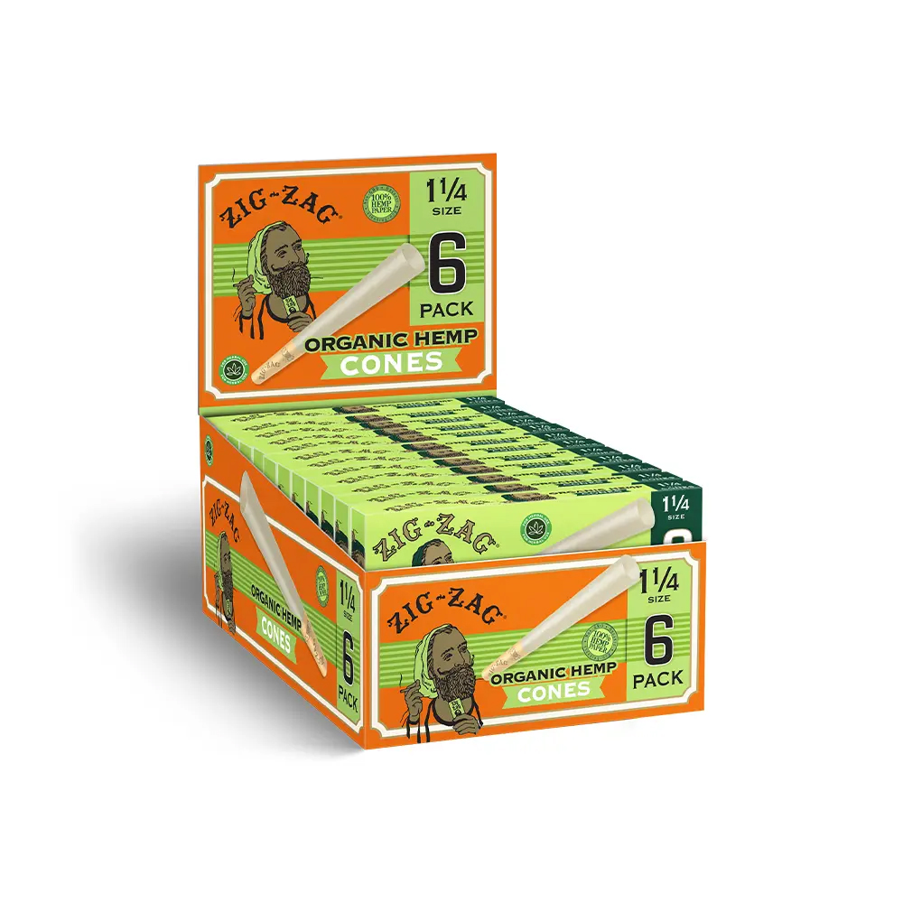 ZIG-ZAG – PRE-ROLLED CONES – ORGANIC HEMP – 1 1/4 & KING SIZE – 24CT DSPL – [MSRP: $3.50 EACH]