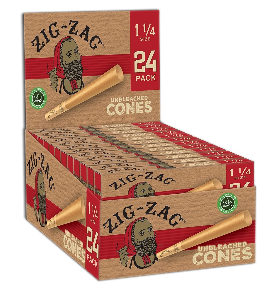 ZIG-ZAG – PRE-ROLLED CONES – UNBLEACHED – 1 1/4 & KING SIZE – 24CT DSPL – [MSRP: $3.50 EACH]