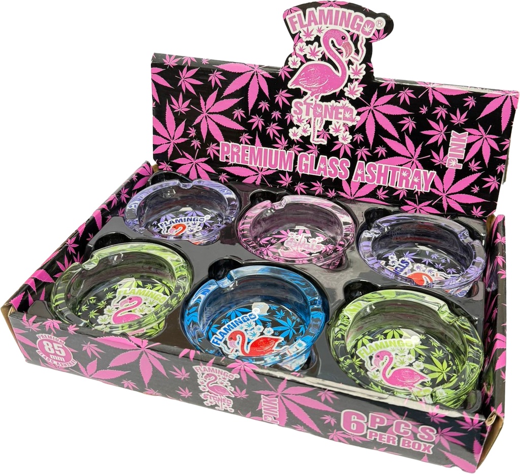 FLAMINGO LEAF – ASHTRAY – PREMIUM ROUND GLASS – 85MM – 6CT DISPLAY – [MSRP: $4 EACH]
