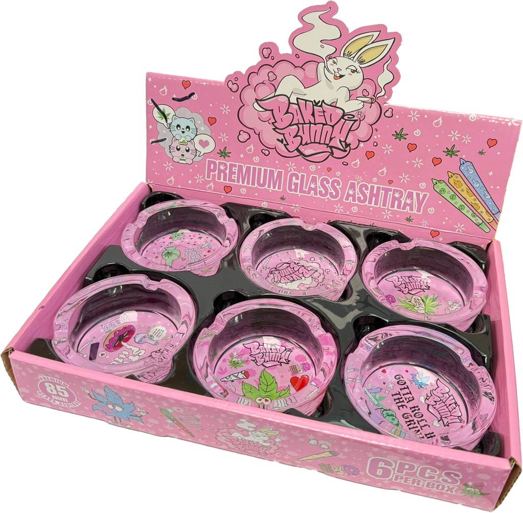 BAKED BUNNY – ASHTRAY – PREMIUM ROUND GLASS – 85MM – 6CT DISPLAY – [MSRP: $4 EACH]