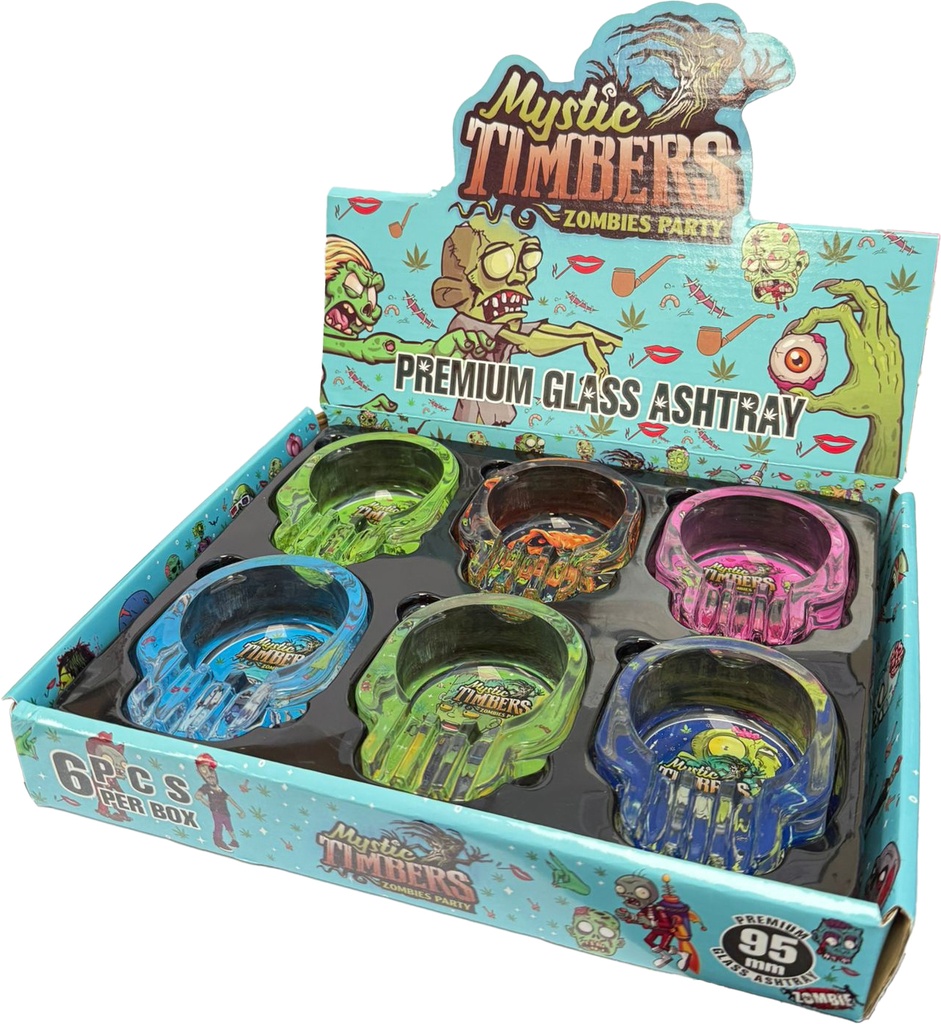 MYSTIC TIMBERS – ASHTRAY – ZOMBIES PARTY PREMIUM SKULL GLASS – 95MM – 6CT DISPLAY – [MSRP: $4 EACH]