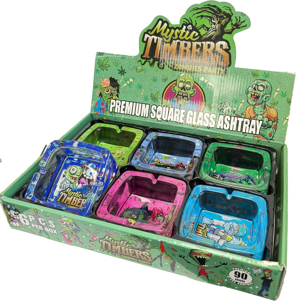 MYSTIC TIMBERS – ASHTRAY – ZOMBIES PARTY PREMIUM SQUARE GLASS – 3.54 INCH – 6CT DISPLAY – [MSRP: $4 EACH]