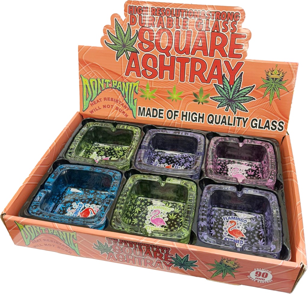 FLAMINGO STONED – ASHTRAY – PREMIUM SQUARE GLASS – 3.54" – 6CT DISPLAY – [MSRP: $4 EACH]