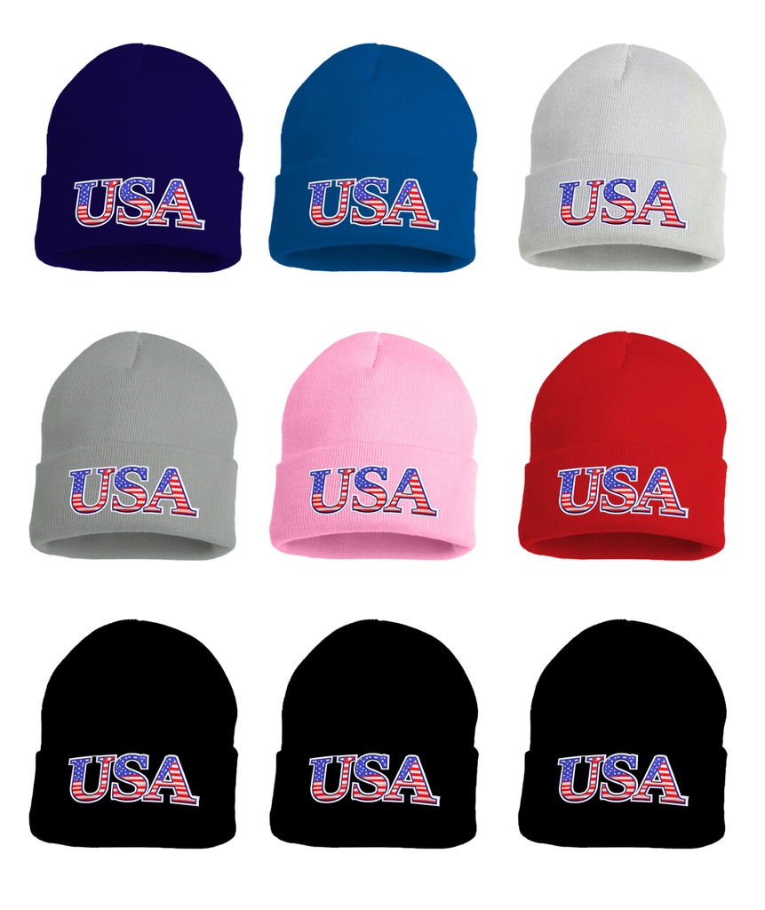 TRIPZ – APPAREL – USA EMBROIDERED KNIT BEANIE ONE SIZE FITS ALL – ASSORTED COLORS – 10CT – BNE-USA-10PK – [MSRP: $10 EACH]