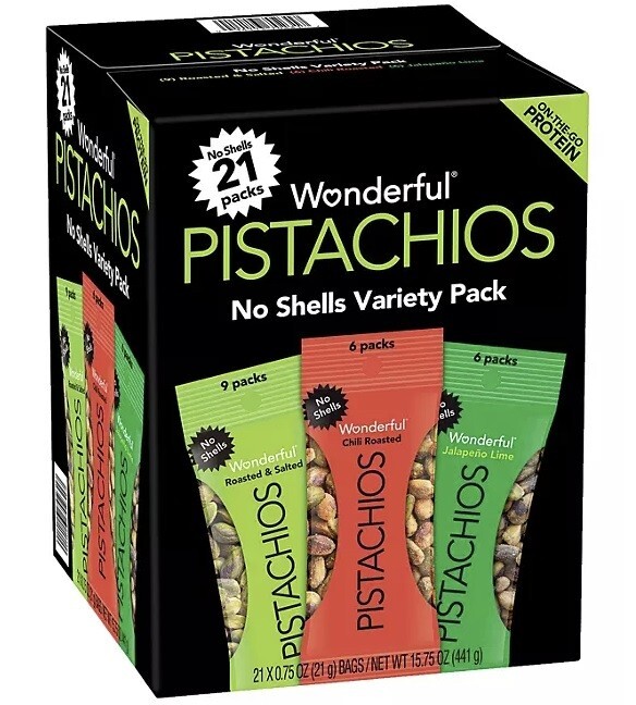 WONDERFUL PISTACHIOS NO SHELL VARIETY PACK – CANDY & SNACKS – 0.75OZ – 21CT CASE – [MSRP: $2 EACH]