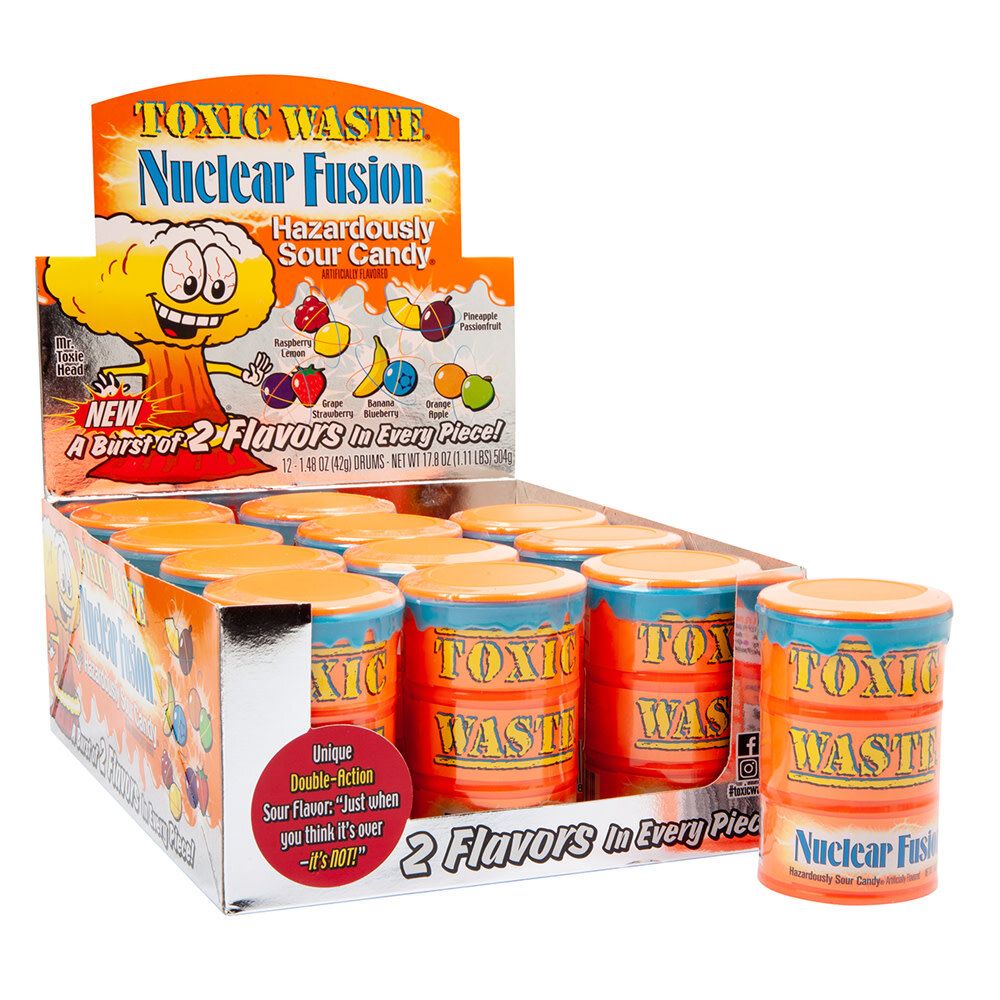 CANDY DYNAMICS – TOXIC WASTE NUCLEAR FUSION SOUR CANDY DRUM – CANDY & SNACKS – 1.48OZ – 12CT DISPLAY – [MSRP: $2.79 EACH]
