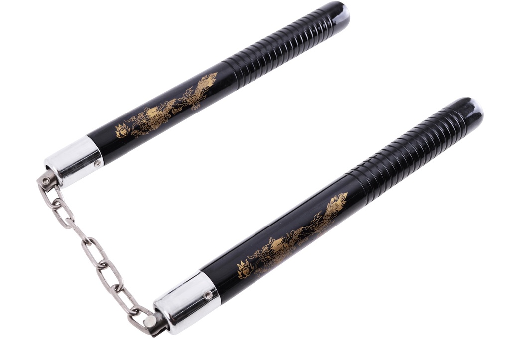 WOOD & STEEL NUNCHAKU – ENGRAVED DRAGON – EXTENDED 2-SECTION TRAINING STICK – KNIVES & SELF DEFENSE – 1CT – NOV10 – [MSRP: $12.50]