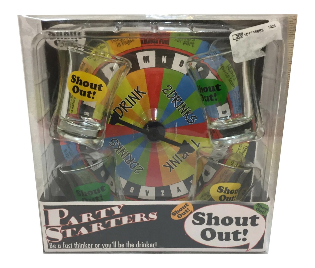 NOVELTY GAME - SHOT GLASS SHOUT OUT BOARD DRINKING GAME – INCLUDES SPIN BOARD & SHOT CUPS – 1CT – NOV20 [MSRP: $10]