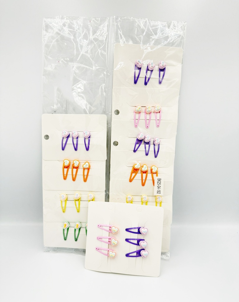 BP - HAIR ACCESSORIES HEART CAKE  SNAP CLIPS 3 MINI PER CARD  STANDARD COLORS 12CT/DZ - 04-182 - [MSRP: $.75 CT]