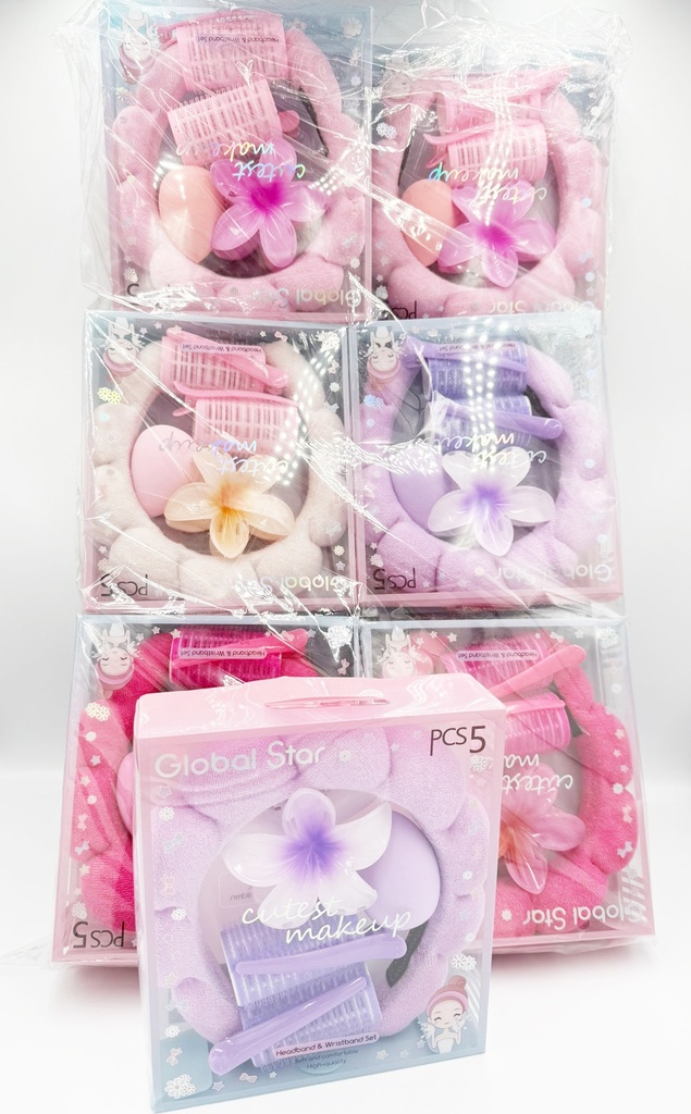 GLOBAL STAR HAIR & SKIN CARE 5 PIECES SPA AIR (HEADBAND, CLIPS, ROLLERS) AND MAKEUP APPLICATOR (POUF/SPONGE) GIFT BOX 12CT - 14-70 - [MSRP: $5 CT]