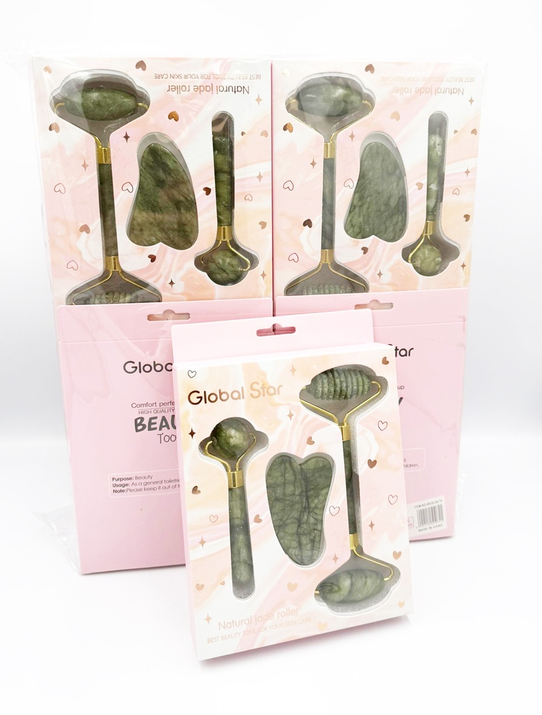 GLOBAL STAR – SKIN CARE & ACCESSORIES – NATURAL JADE ROLLER & GUA SHA SET –  FACIAL MASSAGER FOR FACE & NECK 2PCS PACK – 1CT - 05-74 - [MSRP: $7 CT]