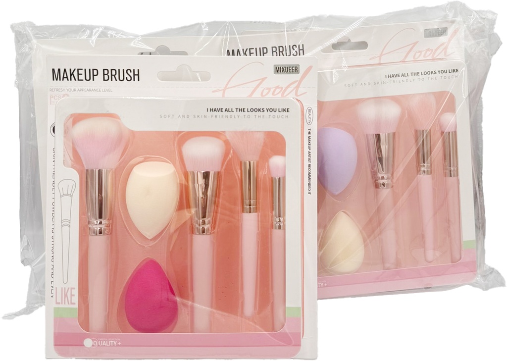 MIXUEER - MAKEUP BRUSH SET 6PCS/PK POWDER, TAPERED, FLAWLESS CONCEALER, MEDIUM SHADER, ROUND, SPONGES 4CT/DZ - 85188 - [MSRP: $15 PK]