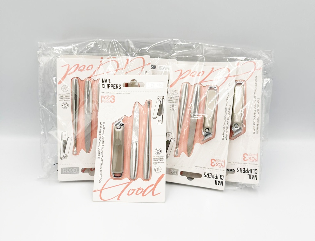 MIXUEER - NAIL CLIPPER SET 3PCS/PK EDGE NAIL CLIPPER, FILER, CUTICLE PUSHER SET STAINLESS STEEL 12CT/DZ - 85488 - [MSRP: $5 PK]