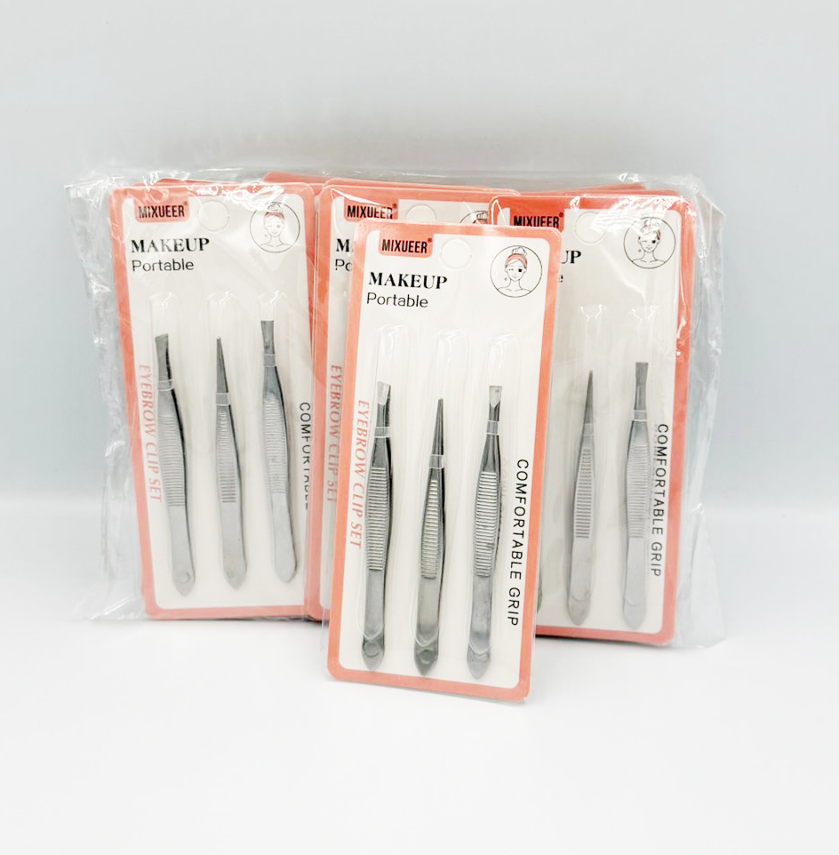 MIXUEER -  STAINLESS STEEL FLAT, POINTED & EDGE TIP TWEEZERS 3PCS/PK  12CT/DZ - 041 - [MSRP: $1.5 PK]