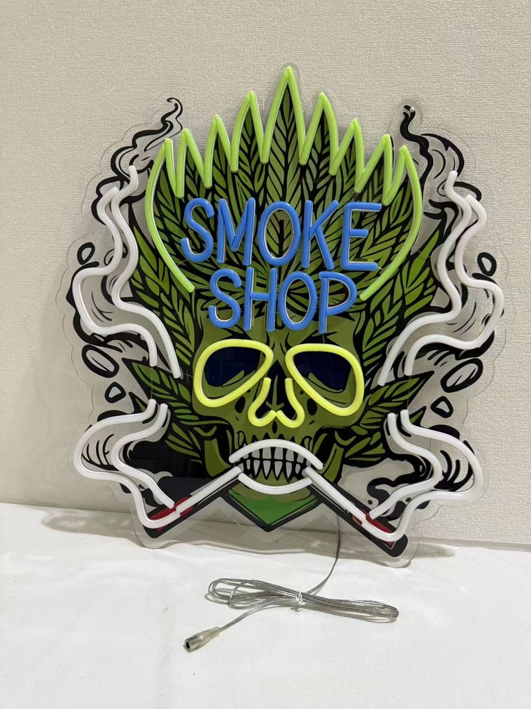 LED SIGN – "SMOKE SHOP" – SMOKING SKULL & POT LEAVES LOGO – GLOW EFFECT – 24×24 – LED SIGN & OUTDOOR DISPLAY – 1CT – SMKSPSKUL – [MSRP: $STORE USE]