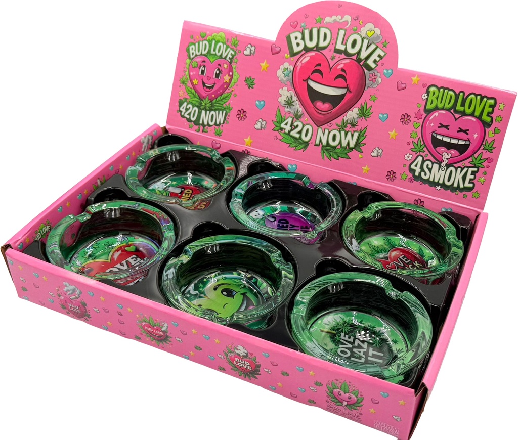 BUD LOVE – ASHTRAY – ROUND GLASS – 85MM – 6 ASSORTED DESIGNS DISPLAY – 6CT – [MSRP: $4 EACH]