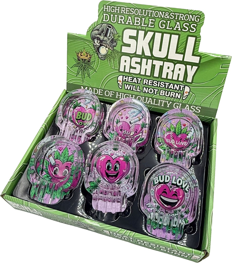 BUD LOVE – ASHTRAY – SKULL SHAPE – 95MM – 6 ASSORTED DESIGNS DISPLAY – 6CT – [MSRP: $4 EACH]