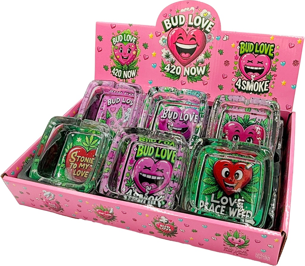 BUD LOVE – ASHTRAY – SQUARE – 90MM – 6 ASSORTED DESIGNS DISPLAY – 6CT – [MSRP: $4 EACH]