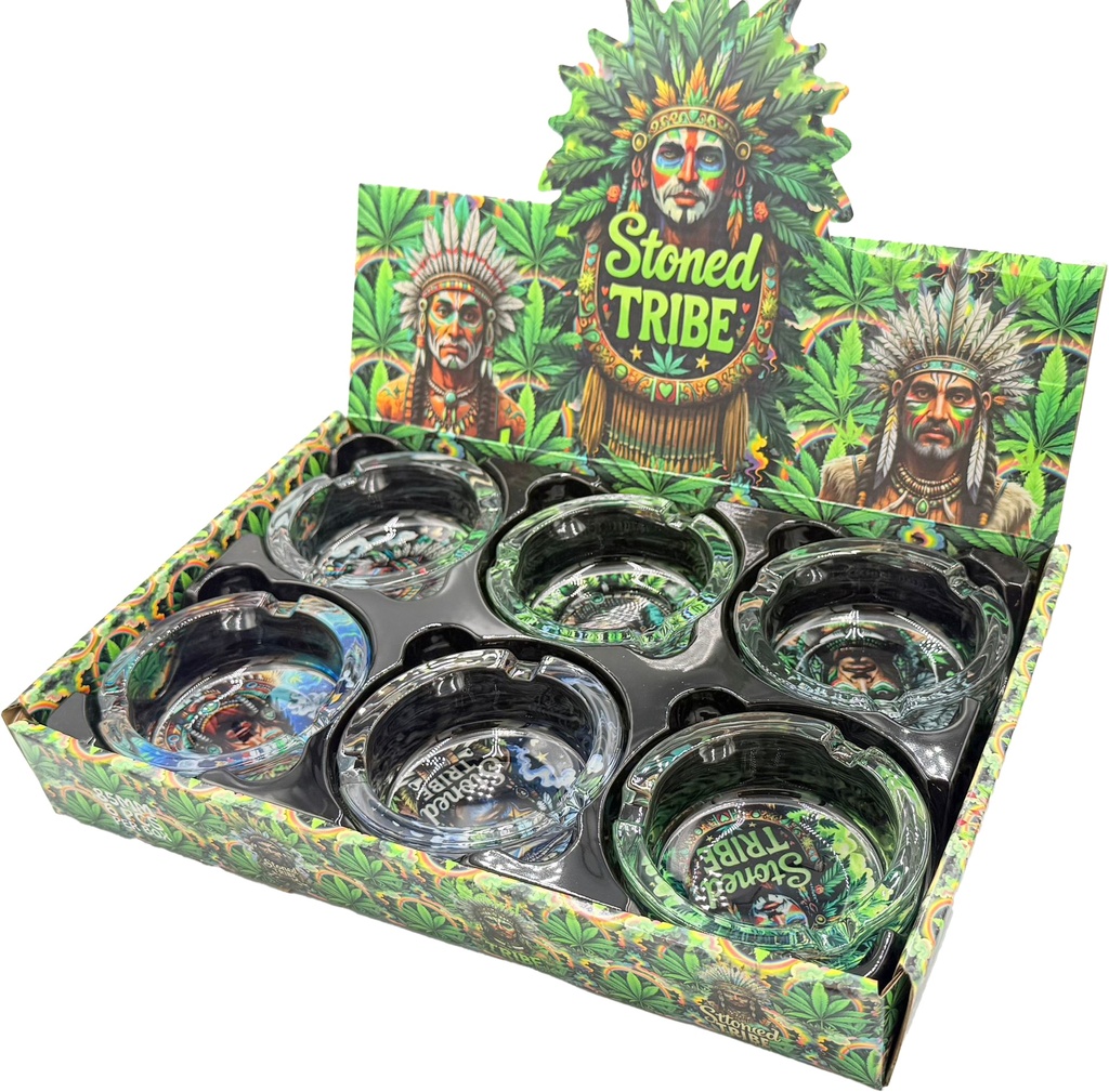 STONED TRIBE – ASHTRAY – ROUND GLASS ASSORTED DESIGNS – 85MM – 6CT DISPLAY – [MSRP: $4 EACH]